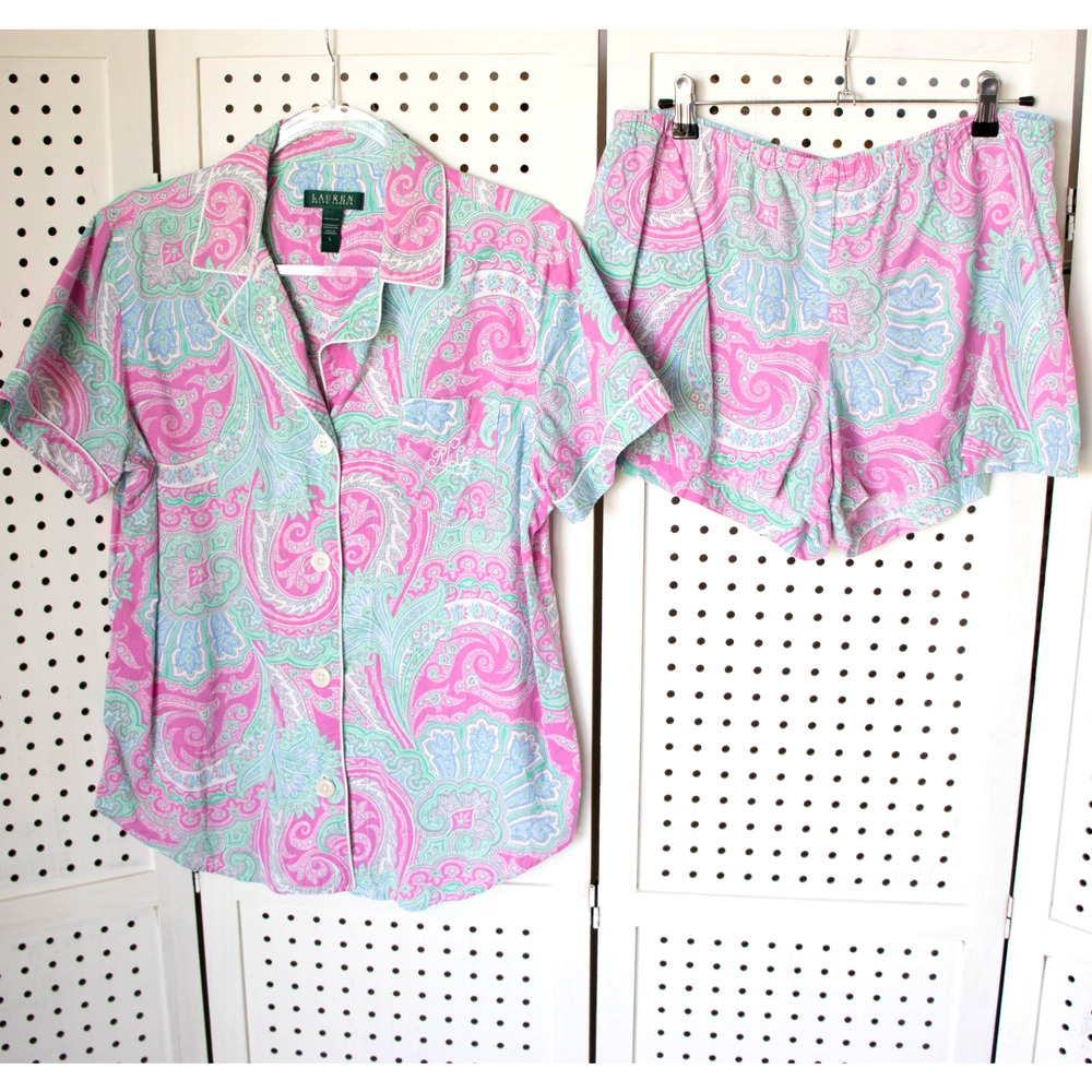 LAUREN Ralph Lauren Pajama Short Set Paisley Pink Blue Womens SIZE L